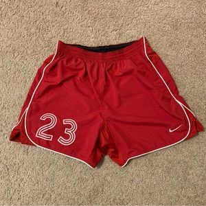 VINTAGE Nike Shorts Mens Large Red Basketball Mini Swoosh Logo Y2K
